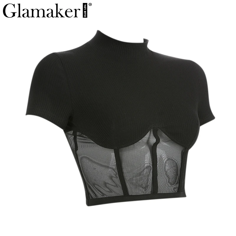 Glamaker черный сексуальный топ футболка сетка прозрачный Повседневный обрезанный женский топ уличная водолазка пэчворк панк-рубашки летняя футболка