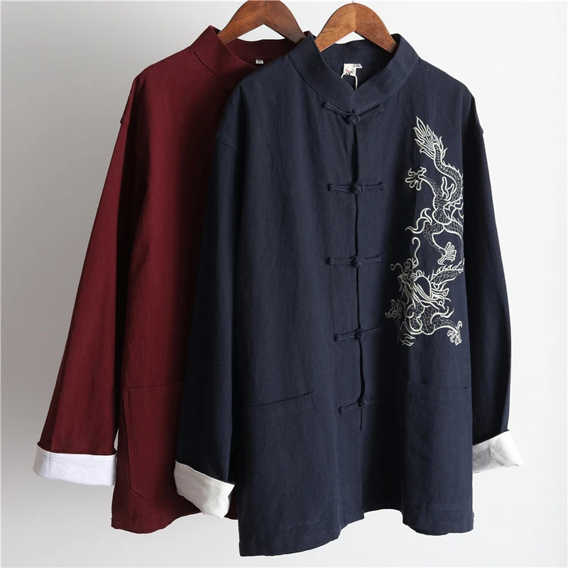 

Hisenky 2018 Men's Retro Jacket Autumn New Embroidered Dragon Chinese Style Tops Long Sleeves Hanfu Embroidered Ethnic Shirts