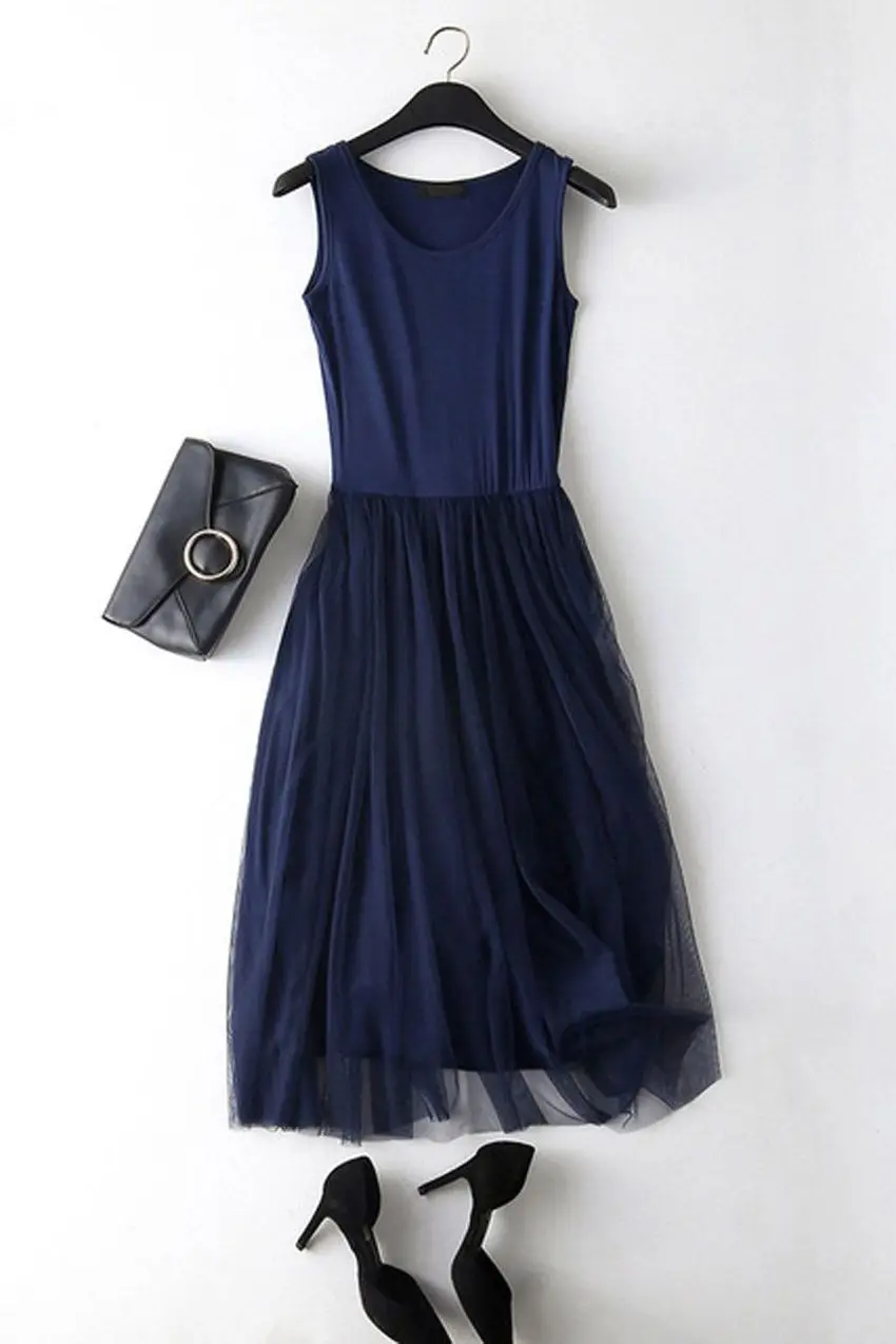 vest navy blue Новинка, хлопковое кружевное летнее платье на бретельках, женское платье без рукавов в стиле пэчворк, повседневные весенние платья LJ0011 - Цвет: vest navy blue