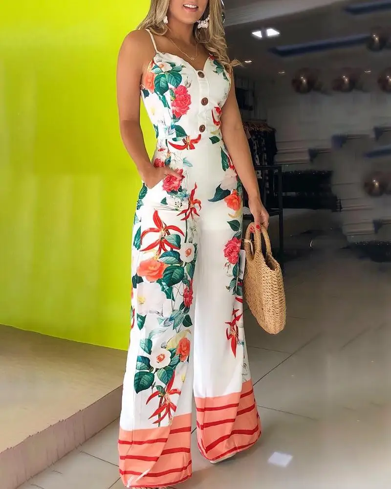 

Buttons Design Floral Print Jumpsuits Women Summer Sexy Wide Leg Long Pants Overalls Long Jumpsuit Rompers