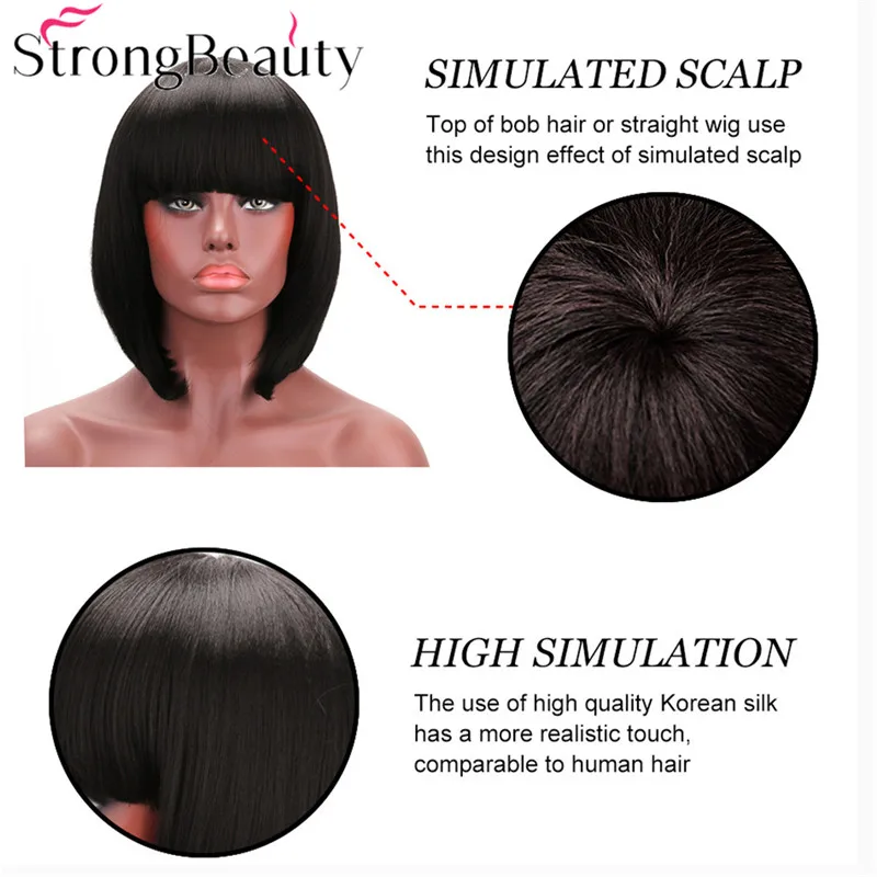 StrongBeauty синтетический парик средней длины Боб с взрыва курчавые прямые натуральные черные волосы боба для женщин высокотемпературные парики