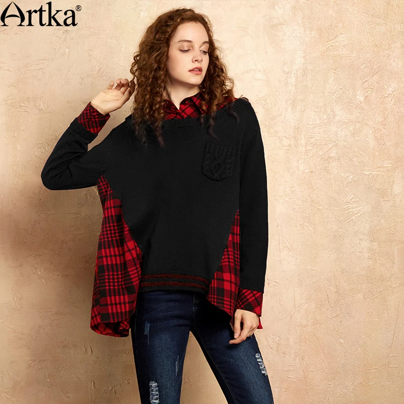 ARTKA/осенний Женский пуловер свитер трапециевидной формы Лоскутные Свитера для