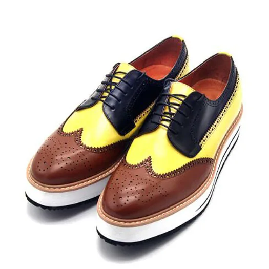 Yellow Brown Black Криперы; большой размер; британский стиль; оксфорды ручной работы; итальянский бренд; броги на платформе; Модные Мужские модельные туфли; Роскошные итальянские туфли - Цвет: Yellow Brown Black