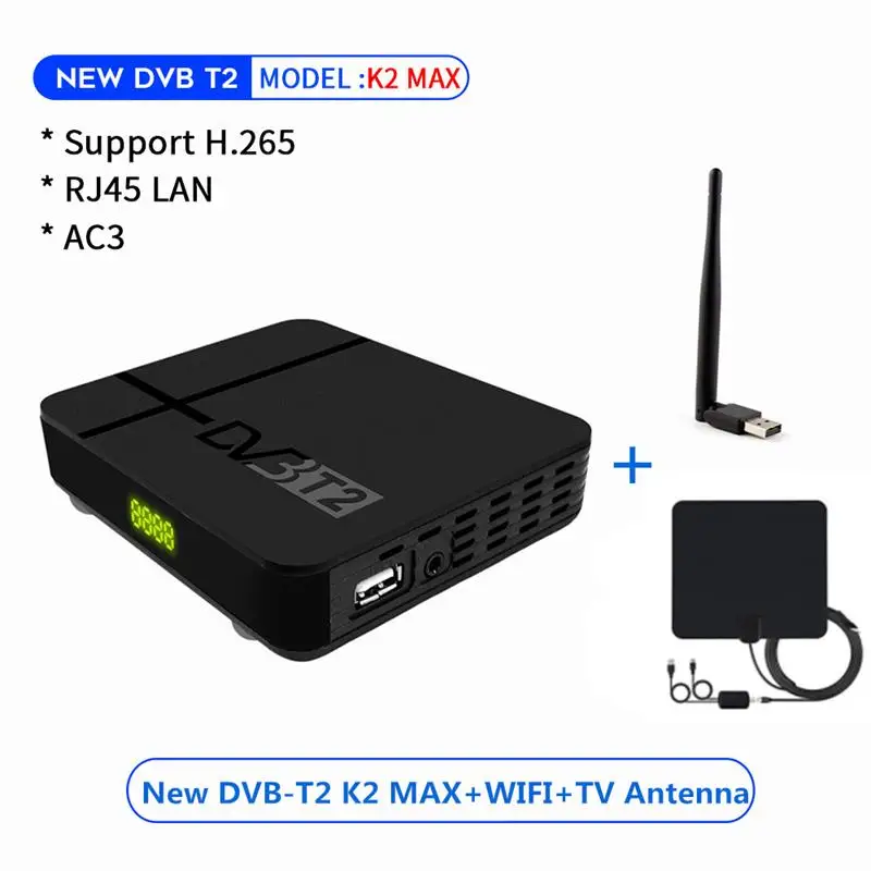 Vmade HD DVB-T2 K2 MAX наземный ТВ приставка YouTube встроенный RJ45 LAN H.265/HEVC DVB T2 ТВ приемник+ ТВ антенна+ wifi - Цвет: K2 MAX-WIFI-Antanna