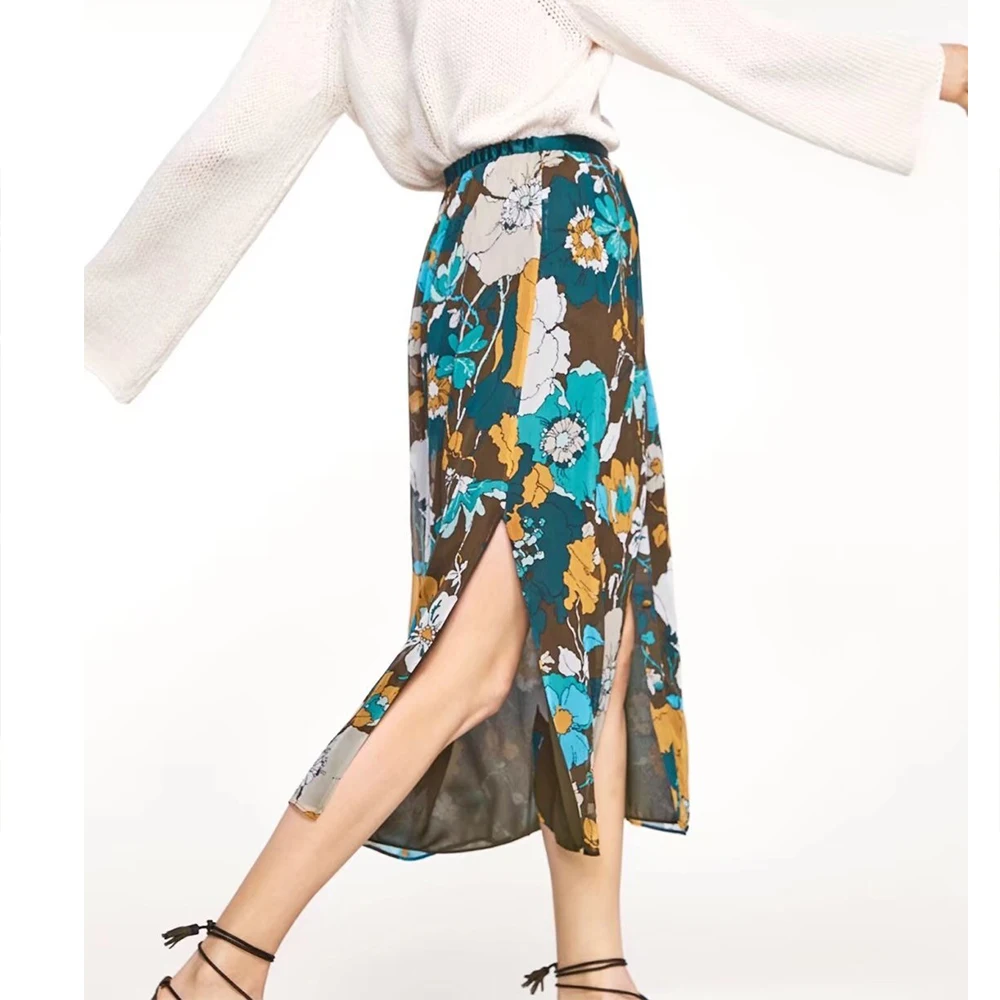 TC Высокая Талия Разделение разрез Для женщин skrits с цветочным принтом