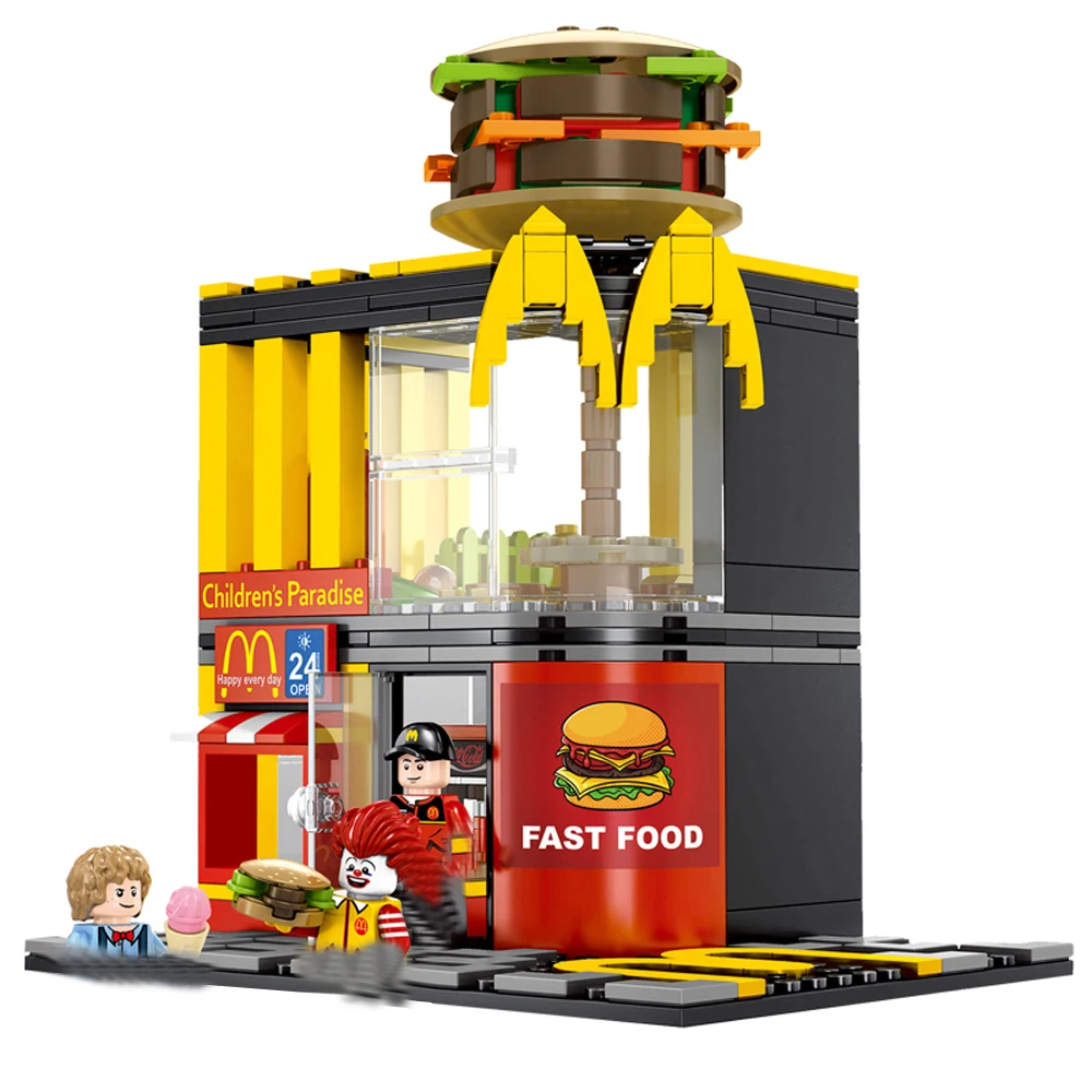 Горячие города создатели мини-улица вид McDonald Ресторан Гамбургер картофель фри магазин строительные блоки кирпичи игрушки для детей подарок