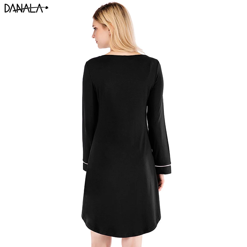 Женское платье для сна DANALA однотонное мини-платье с длинным рукавом и о-вырезом