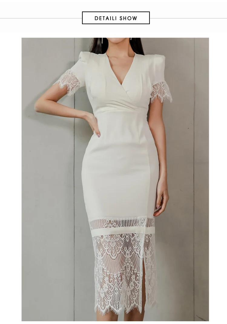 Лето 2019 женское элегантное белое кружевное с v образным вырезом коротким рукавом