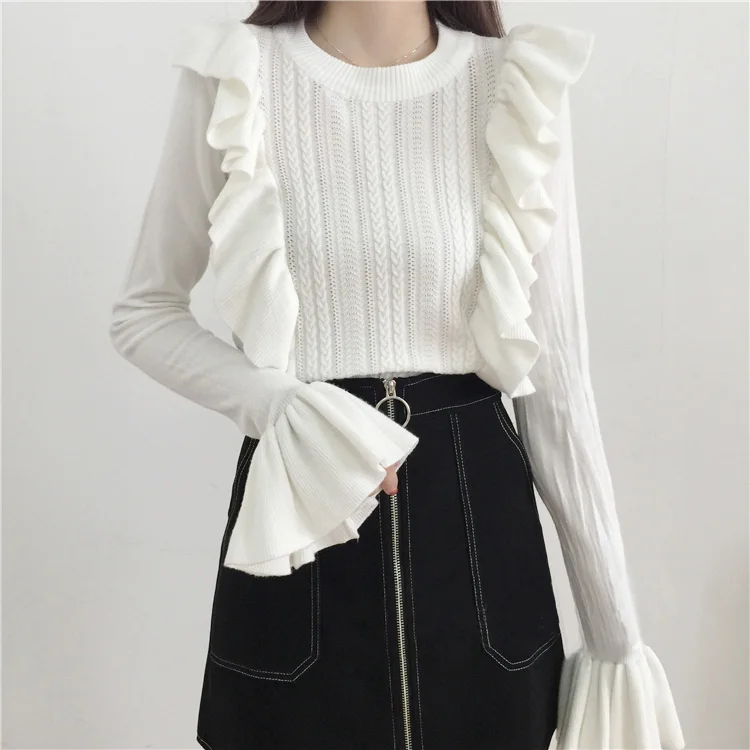 HAMALIEL Fashion Sweet Autumn Women Knitting Pullovers Korean Sky Blue Ruffles Crochet Knitted Long Flare Sleeve Sweater Jumper | Женская