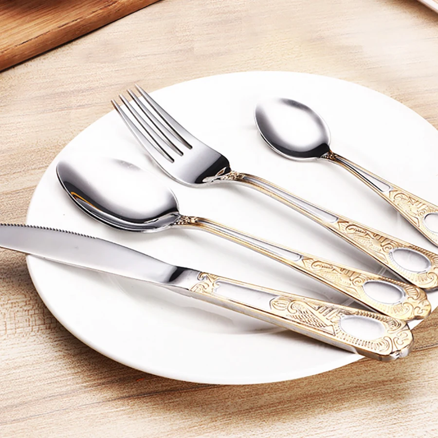 European Style High Grade Gold Flatware Stainless Steel Steak Knives Serving Spoon Kitchen Seti Home Dinner WZN037