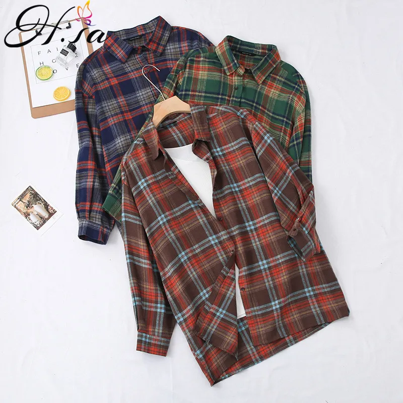 

H.SA Women Casual Plaid Shirts 2019 Spring Summer Oversized Blouses Green Plaid Shirts blusas femininas Korean Fashion Clothing