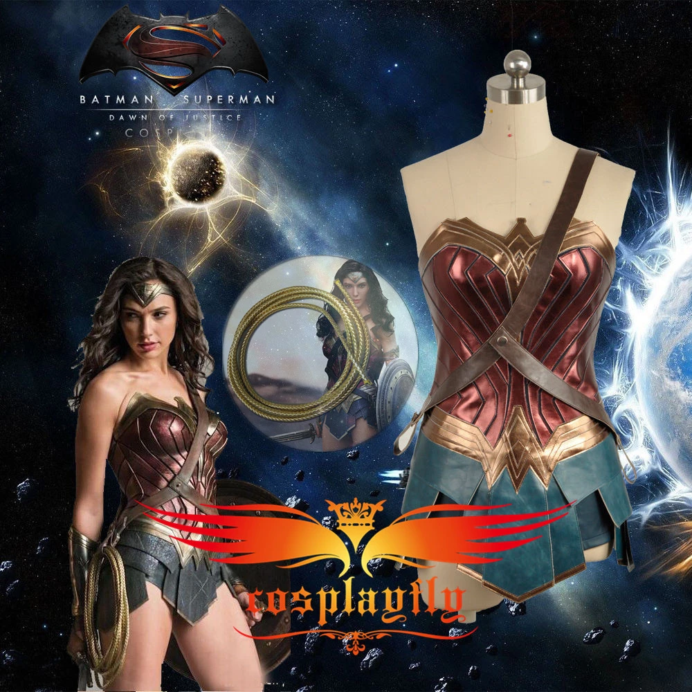 BatmanvSuperman: Dawn of Justice Wonder Woman Diana Costume Golden Rope(бесплатно) Взрослый Косплей корсет платье+ женский парик