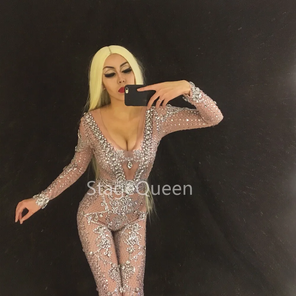 Women Sexy Stage Nightclub Jumpsuit Full of Sparkling Crystals Stones Bodusuit Party Performance Costume | Женская одежда