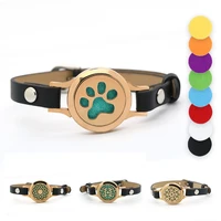 25mm rose gold magnetic dog paw stainless steel aromatherapy essential oil locket bracelet diffuser locket leather bracelet