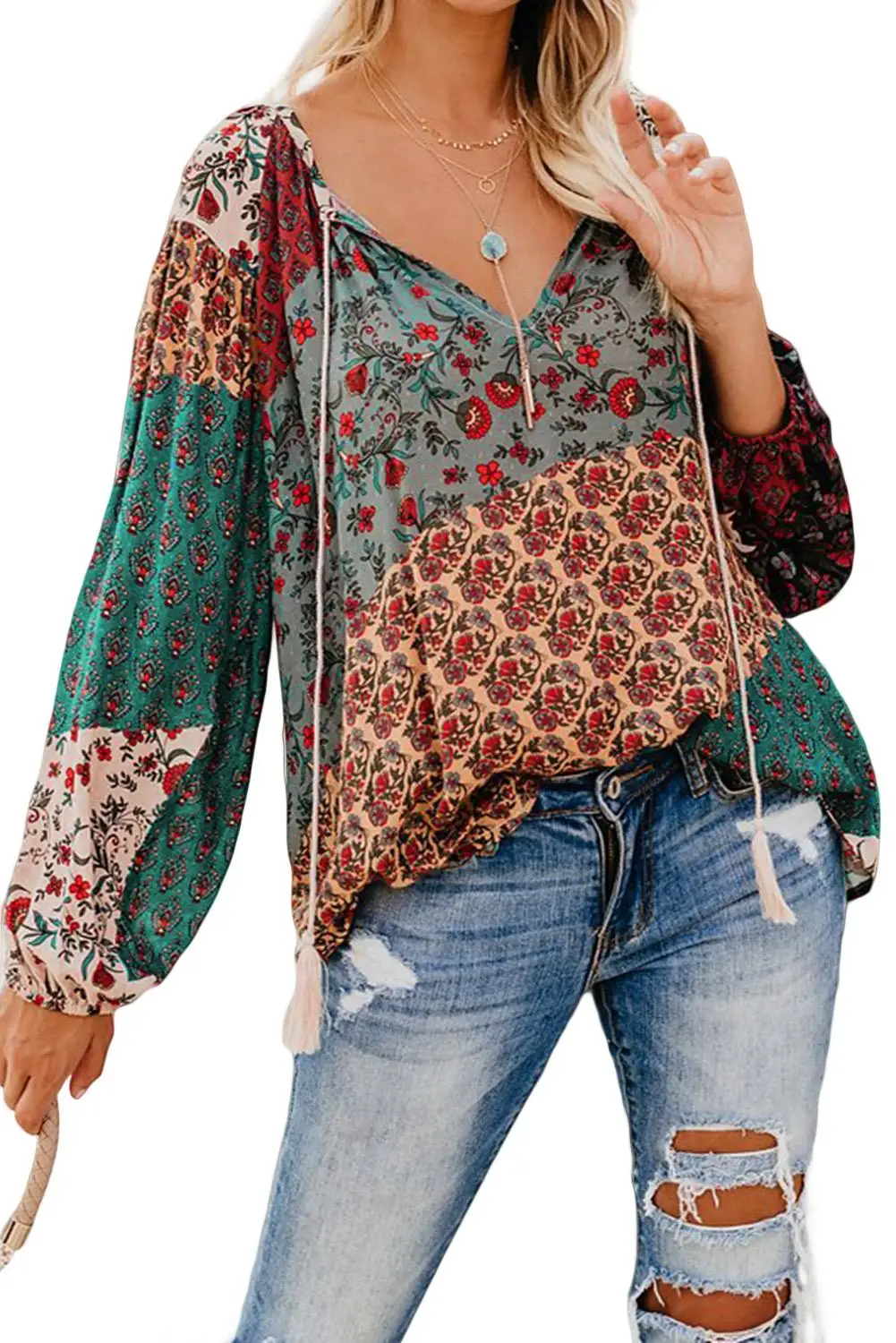 Женская блузка с цветочным принтом разрезом и длинным рукавом|Блузки| |