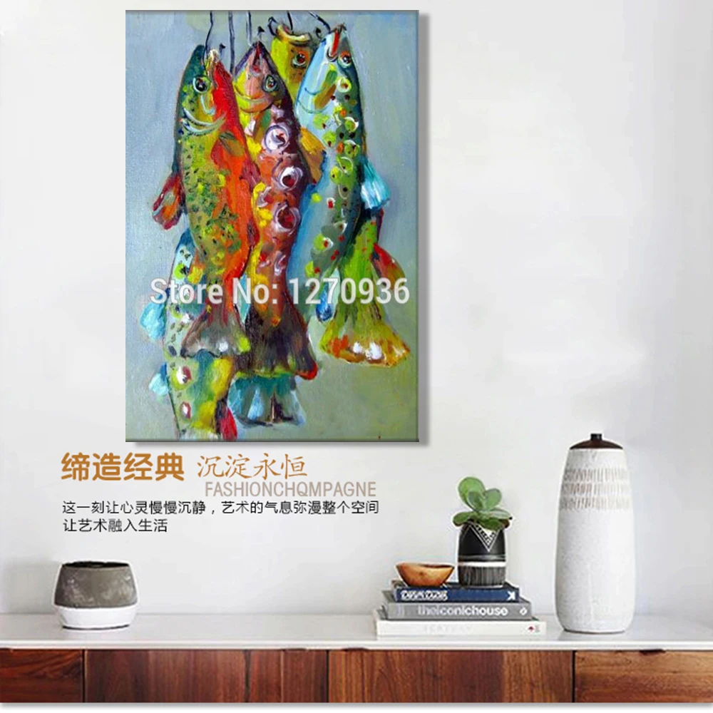 Handmade Beautiful Bright Colored Skinny Fish Oil Painting Decoration Hand-painted Four Fishes handing on the Blanches | Дом и сад