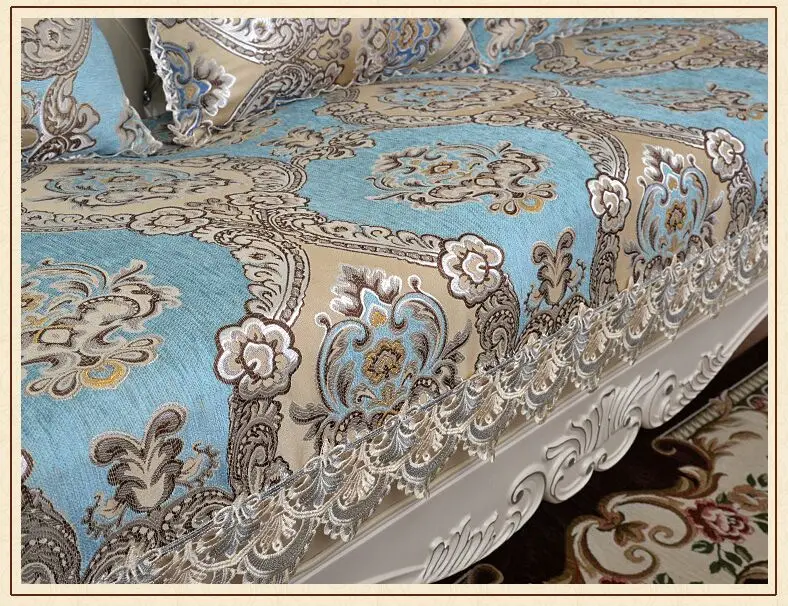 Lake Blue Европейская классическая роскошная Нескользящая тканевая подушка для дивана с цветочным узором, наволочка для дивана, шенилловое кружевное полотенце для дивана - Цвет: Lake Blue