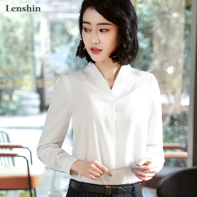 Lenshin шифоновая рубашка с V образным вырезом Женский пуловер блузка элегантные