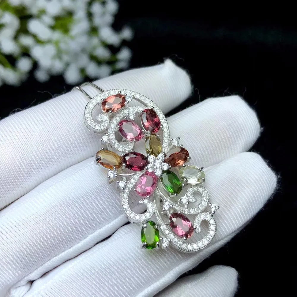 Dual-use style natural tourmaline brooch beautiful colors 925 silver gemstones certificate | Украшения и аксессуары