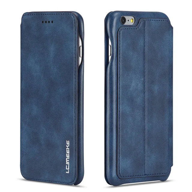 Винтажный тонкий кожаный чехол-книжка для iPhone 6, 7, 8 Plus, XS, 11 Pro, Max, XR, X, с магнитной застежкой, с функцией подставки, с отделением для карт, чехол-кошелек - Цвет: Синий