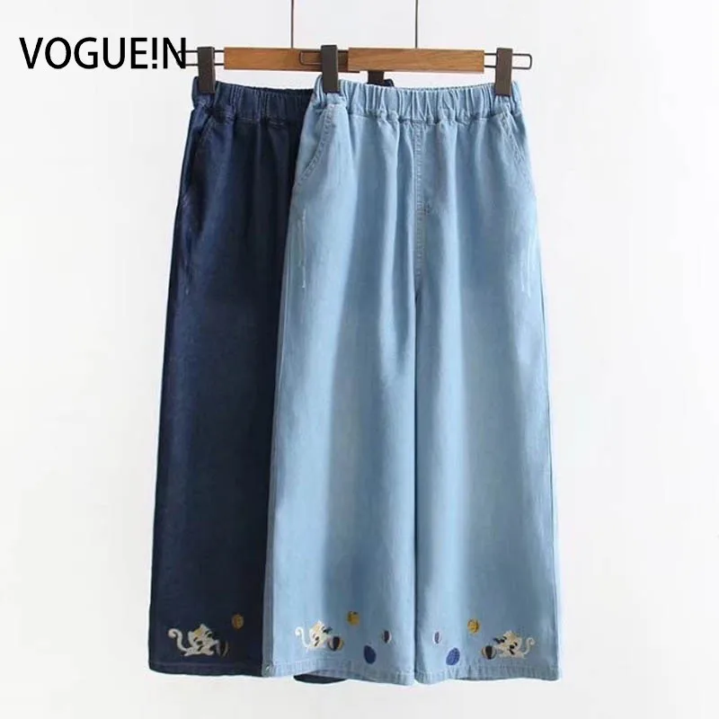 VOGUEIN новые женские милые вышитые кот джинсы капри брюки