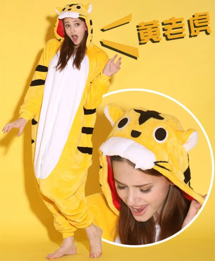 Желтый тигровый комбинезон с мультяшными животными пижама капюшоном для