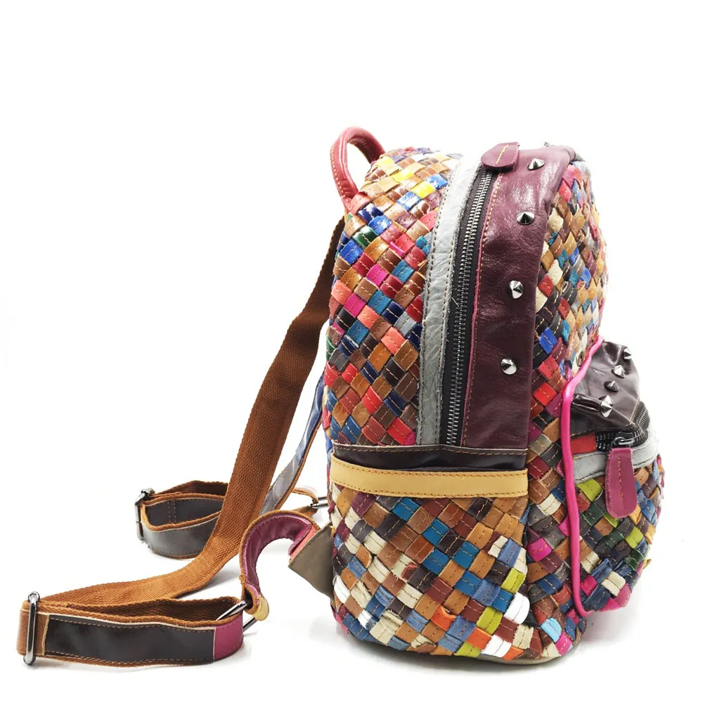 

LilyHood Sheep Skin Backpack Fashion Casual Rivet Woman Genuine Leather Colorfull Patchwork Daily Back Pack Bookbag Dropshipping