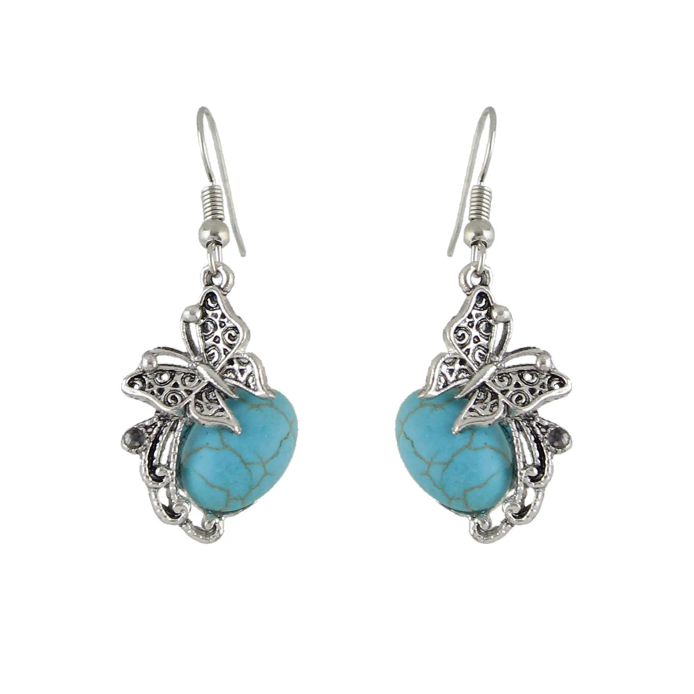 Joywish Vintage Style Ethnic Jewelry set Antique Silver Color with Blue Stone Butterfly Pendant Necklace and Drop Earrings|ethnic jewelry set|jewelry