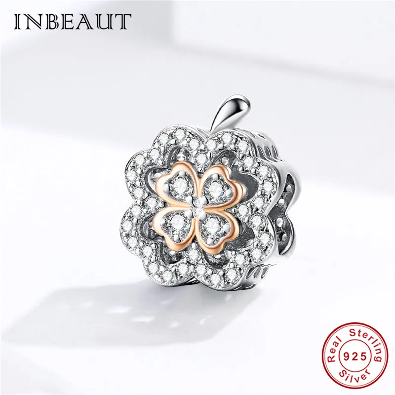 INBEAUT 100% 925 Sterling Silver Original CZ Clover Apple Beads fit Brand Bracelet Rose Gold Zircon Fruit Charms diiy Jewelry | Украшения и