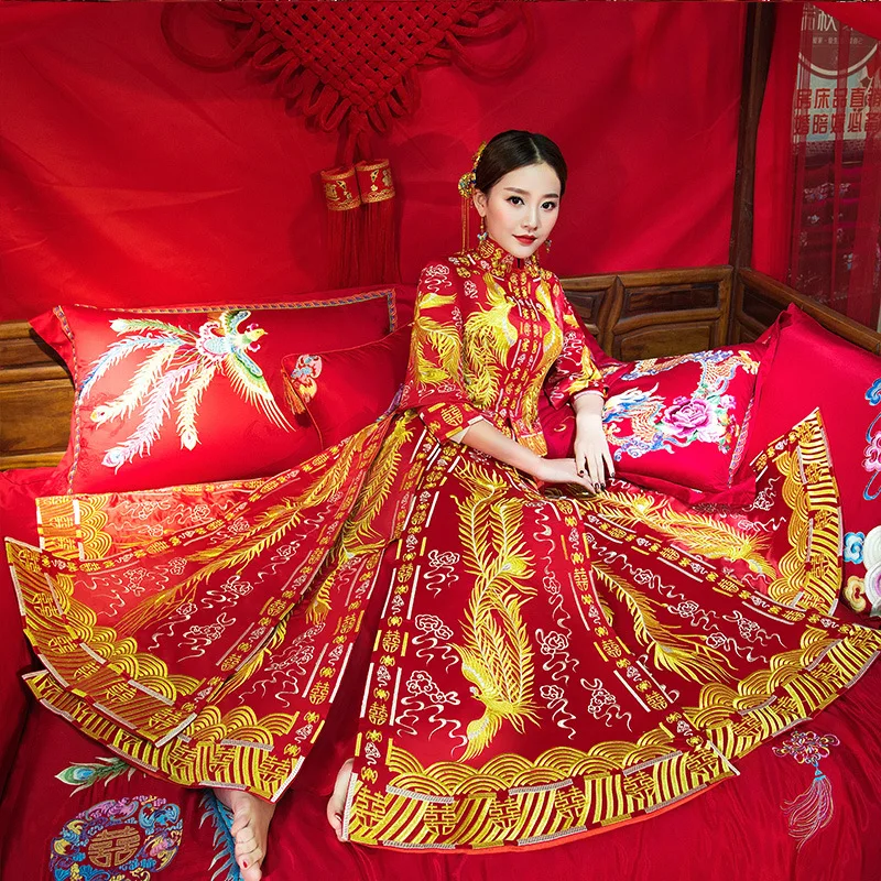 Роскошное Королевское красное платье с вышивкой китайское свадебное Ципао