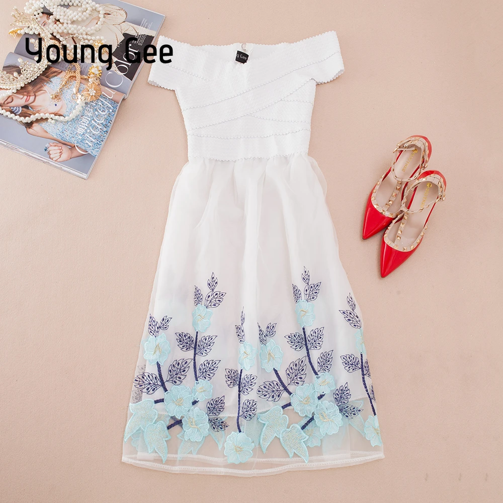 

Young Gee New Summer Women Bandage Knee-length Dress Sexy Slash Neck Off Shoulder Lace Floral Embroidery Princess Party Dresses
