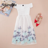 young gee new summer women bandage knee length dress sexy slash neck off shoulder lace floral embroidery princess party dresses