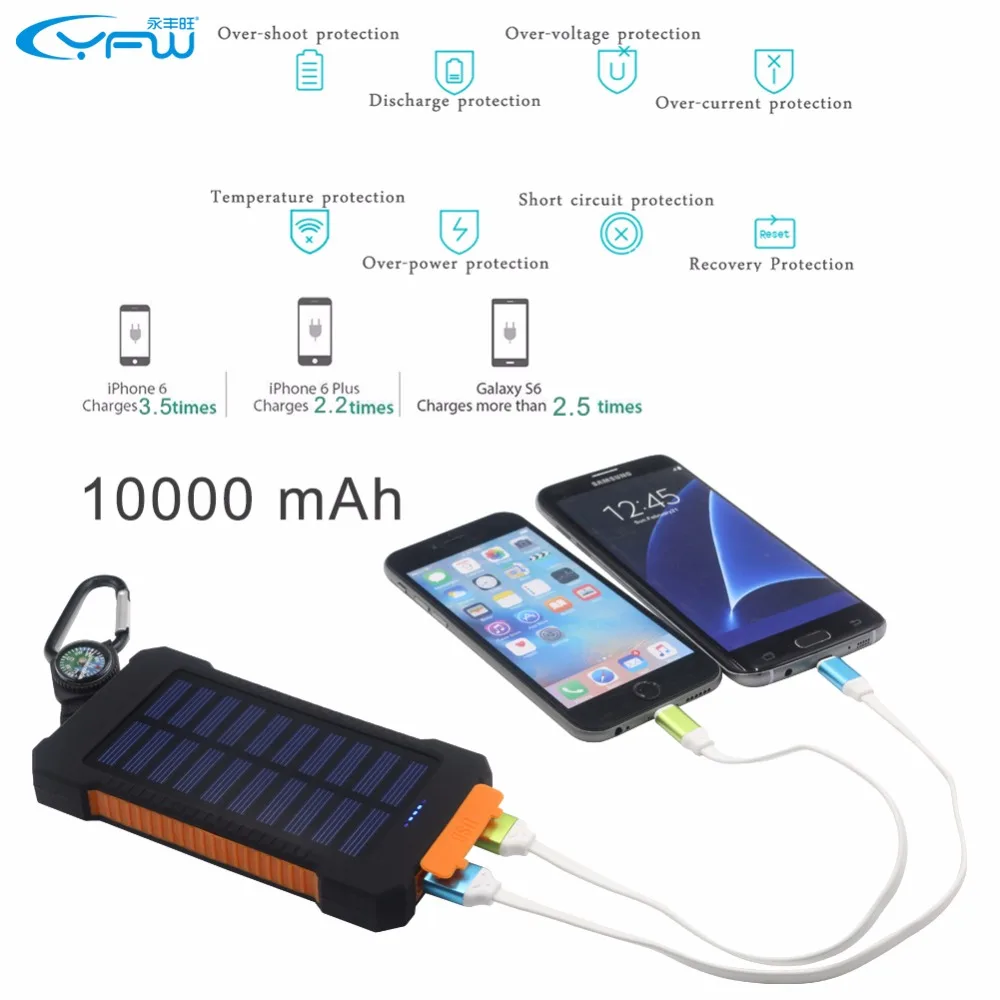 YFW 2016 водостойкий солнечный power Bank 10000 мАч Dual USB портативное солнечное зарядное
