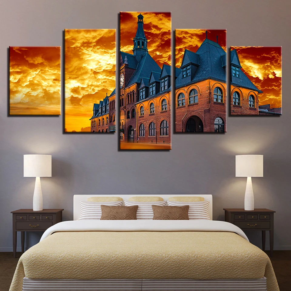 

Wall Art Bedroom Decoration Framed Paintings HD Printing 5 Pieces Retro Building Sunset Landscape Canvas Pictures Modular Poster
