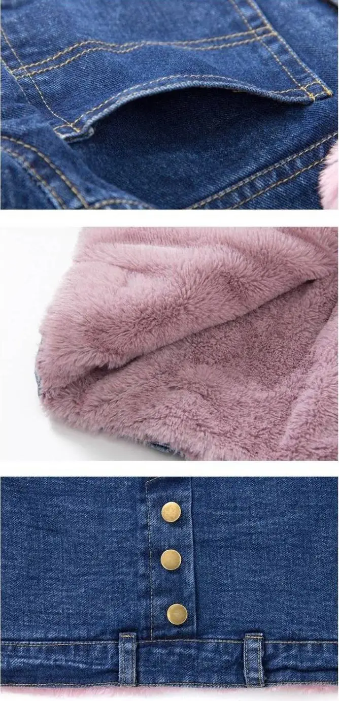 Autumn Winter Children Girls Plus Velvet Jeans Jackets Kids Girls Thick Warm Faux Rabbit Fur Denim Coats Baby Clothing W140