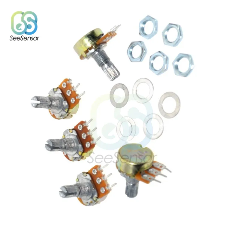 5pcs/Lot B20K ohm 3Pin Linear Rotary Potentiometer 15mm Metal Shaft Potentiometers With Nuts And Washers | Обустройство дома