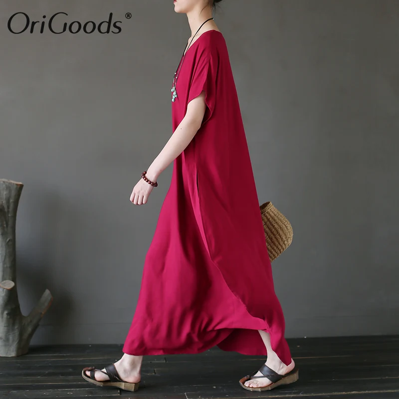 

OriGoods O-neck Plus size Women Dress Loose Casual Long Summer Dress Original design Elegant Dress 2019 Robe Femme Vestidos A292
