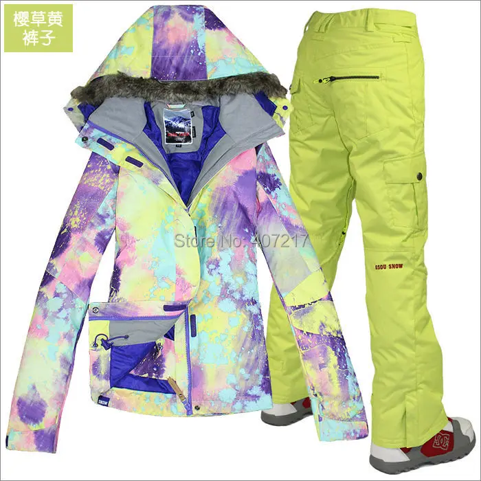 2014 hot womens ski suit ladies snowboarding violet pink light blue jacket +camouflage pants snow wear skiwear waterproof |