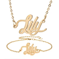 fashion stainless steel name necklace bracelet set lily script letter gold choker chain necklace pendant nameplate gift