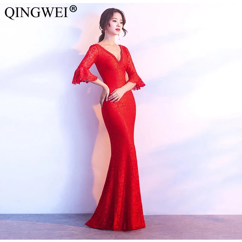 Женское платье с v образным вырезом QINGWEI красное голубое белое открытой спиной и