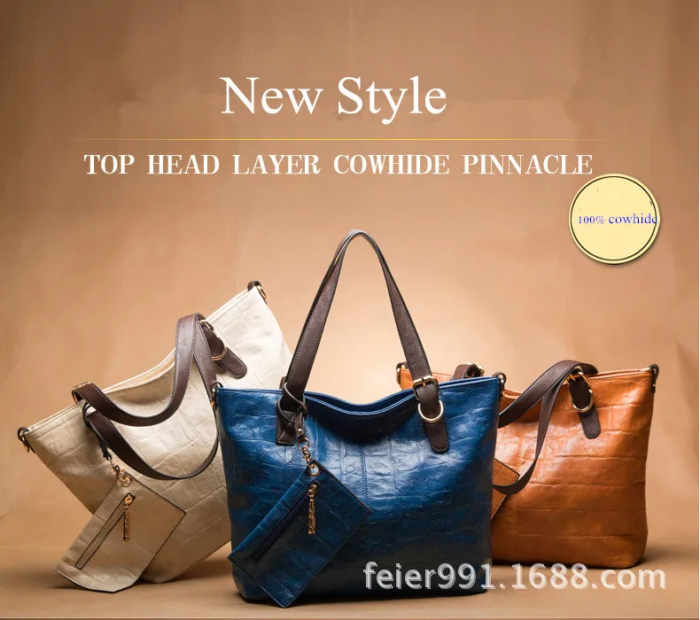 NEW style!!! 100% Genuine Leather Women Handbag Classic Shoulder Bags Lady's Vintage Messenger Clutch Wallet Purse 3Pcs/Lot | Багаж и