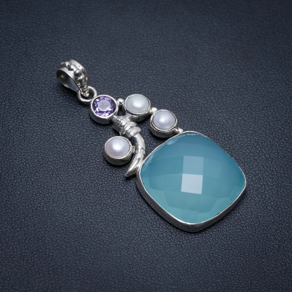 StarGems(tm) Natural Chalcedony River Pearl and Amethyst Punk Style 925 Sterling Silver Pendant 2&quot S1195 | Украшения и