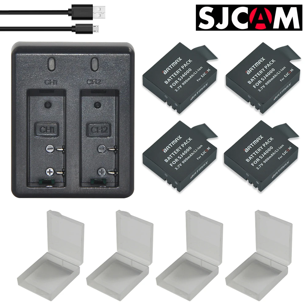 4 шт. SJCAM sj4000 батарея 900 мАч + USB двойное зарядное устройство Bateria sj7000 sj5000 sj6000 sj8000 SJ M10