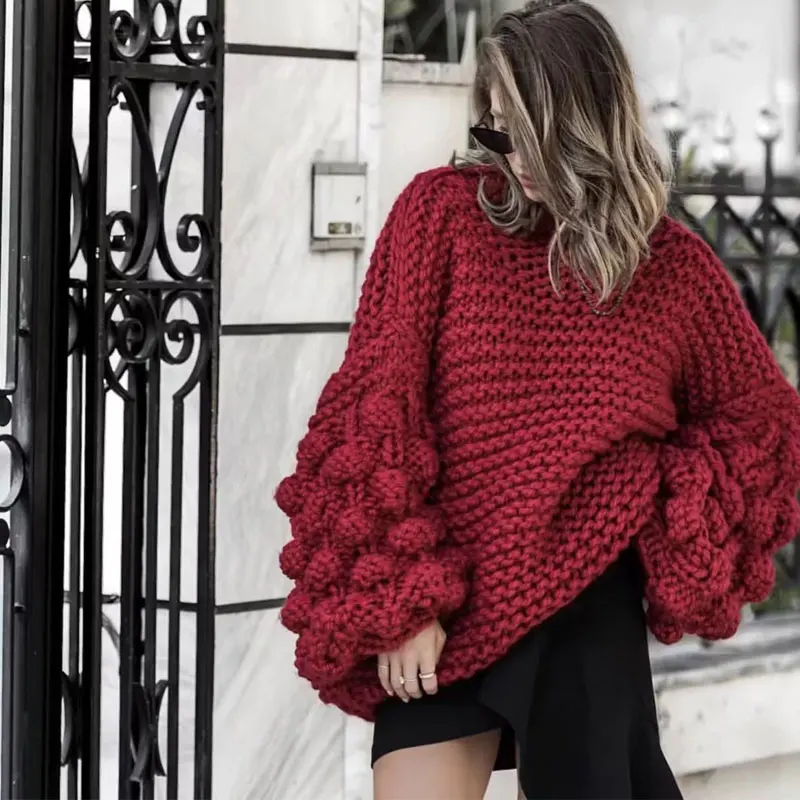 Chic Coarse Wool Hand Knit Womens Pullovers Sweaters Turtleneck Loose Oversized Streetwear Autumn Winter Chunky Sweater | Женская одежда
