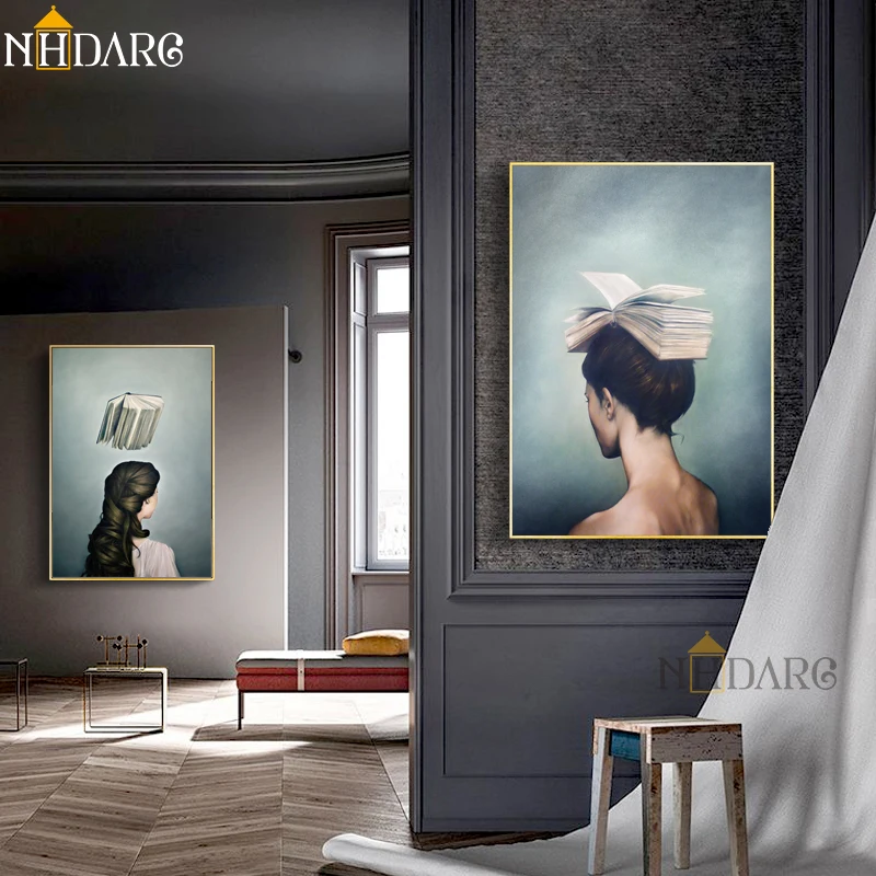 

Surrealist Girls and Books Design Canvas Painting Modern Posters And Prints Art Wall Pictures For Living Room Home Decor
