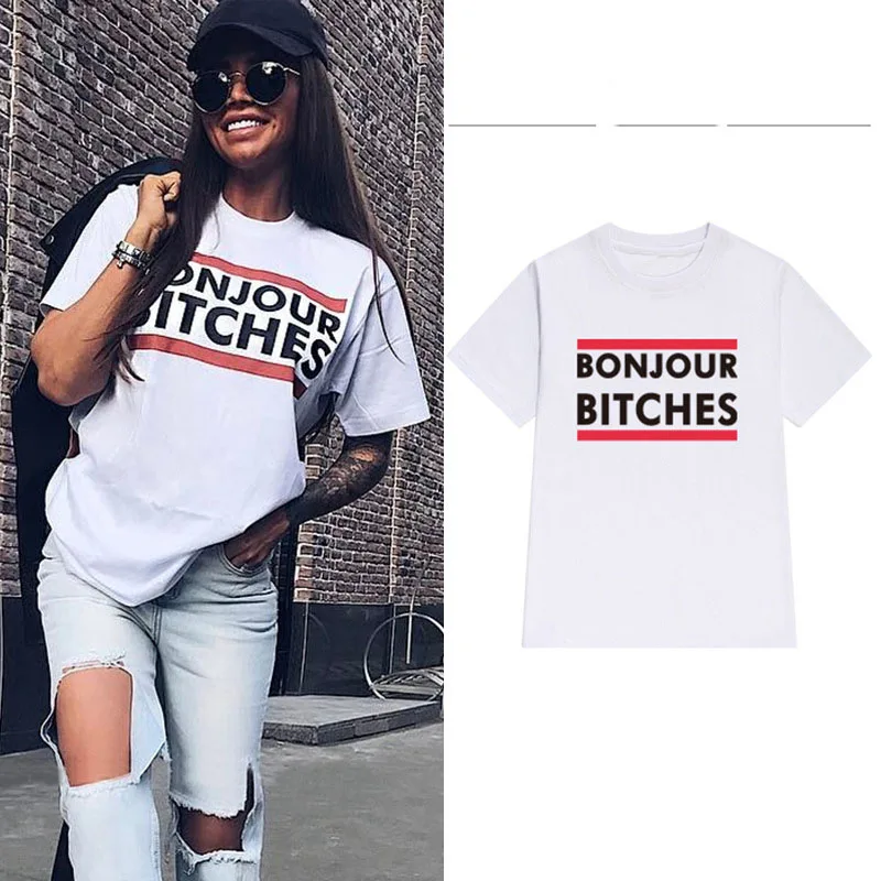 Новинка Женская Классическая футболка с принтом hello bitches коротким рукавом