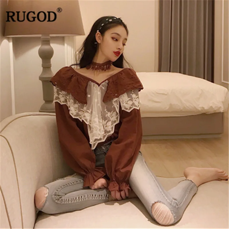 RUGOD Сексуальная кружевная блузка с открытыми плечами женская модная оборками