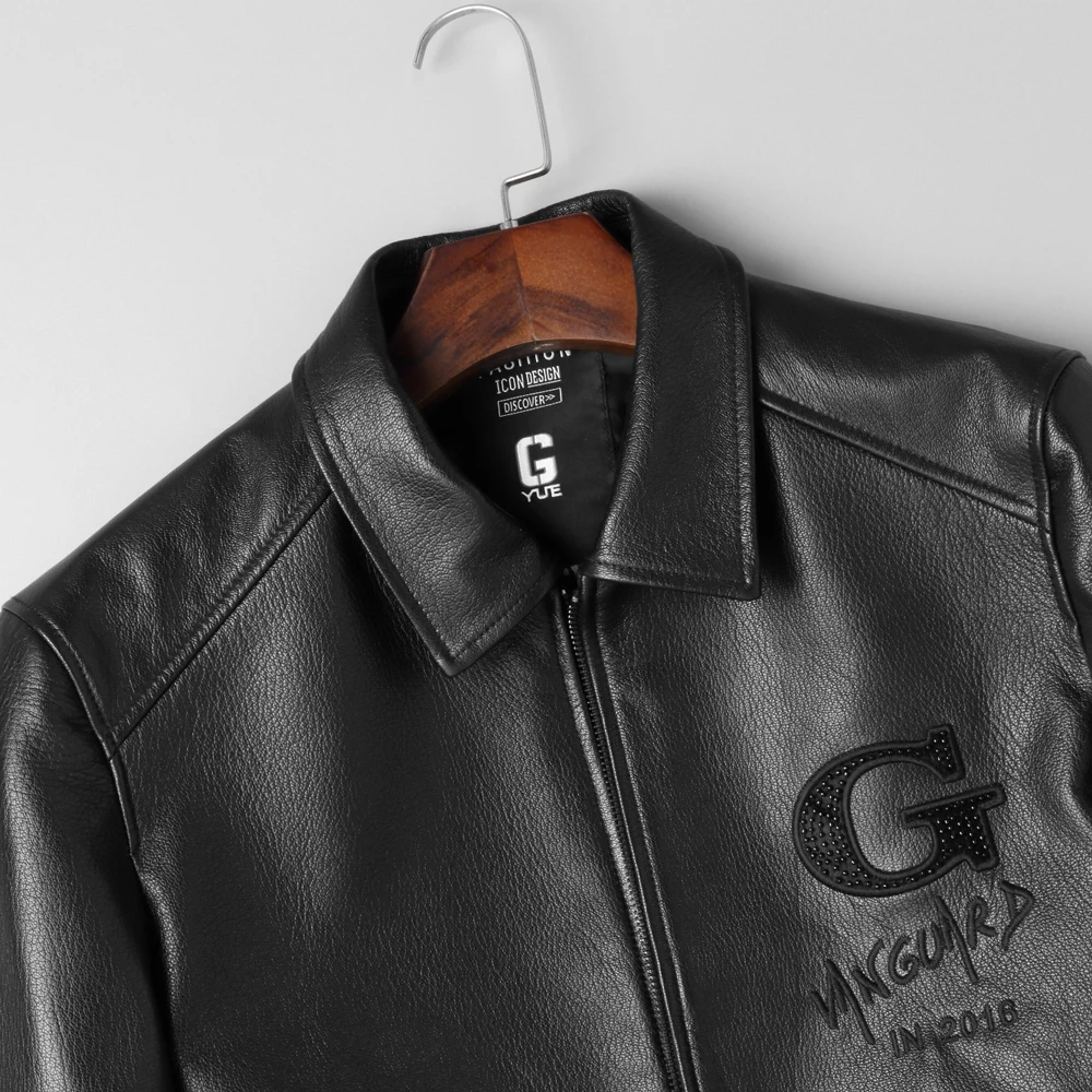 Мужская куртка из натуральной козы Повседневная Осенняя Черная с узором 4XL |