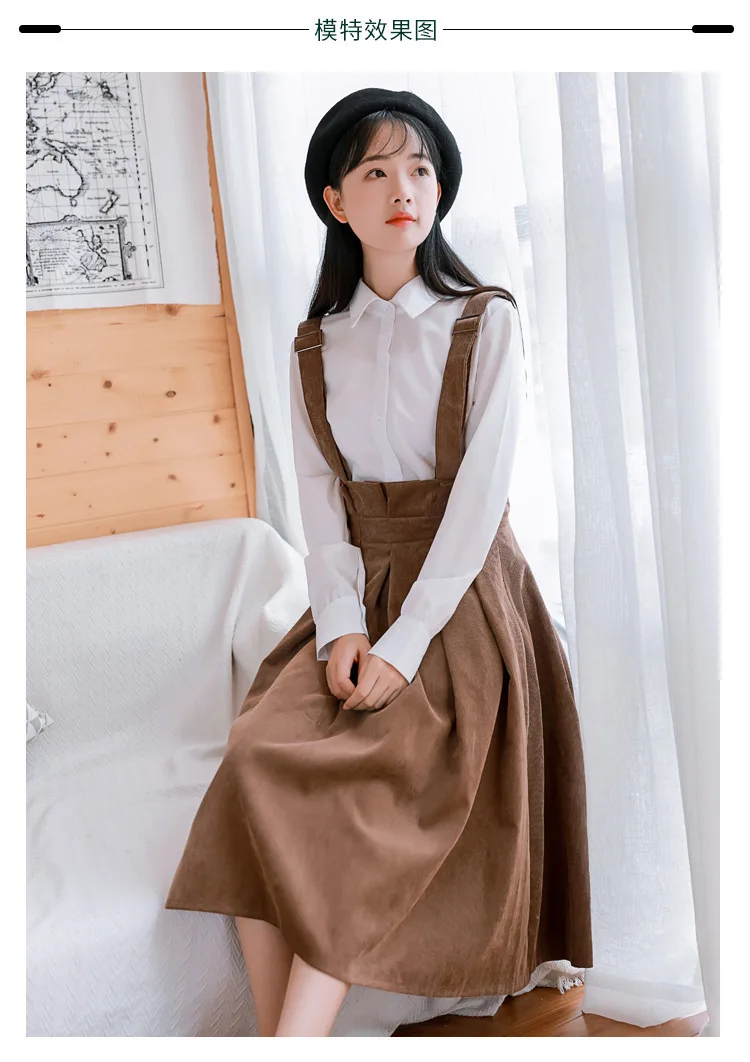 

Womens Corduroy Suspender Skirts High Waist Pleated A-Line Flare Straps Skirt Female Vintage Bib Overall Skirt A72407