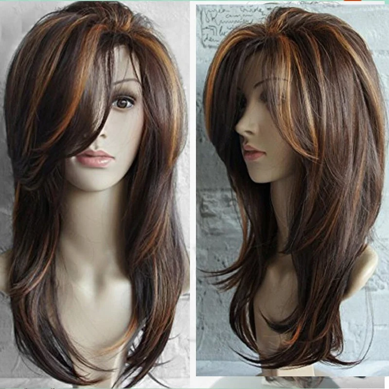 

High Heat Resistant Hair Ombre Gardient Synthetic Fake Hair For Women Side Part Long Wigs Female